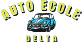 Logo Auto Ecole Delta avec une voiture Mini Cooper vintage bleue et bandes blanches, sur fond bleu et noir.