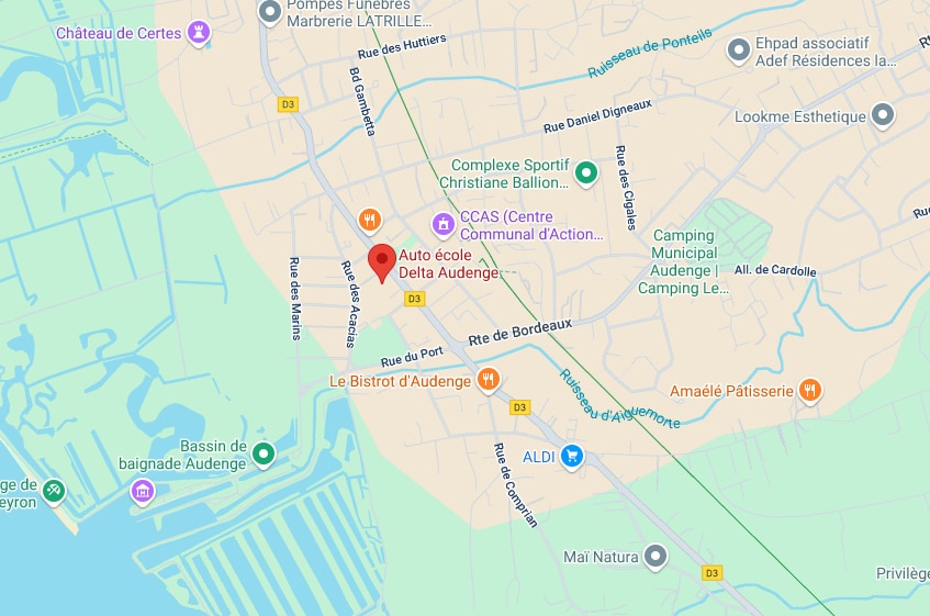 Carte d'Audenge centrée sur l'Auto école Delta Audenge, indiquant Bd Gambetta, Bassin de baignade, Le Bistrot d'Audenge et Camping Municipal.