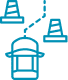 Seau de lavage auto bleu avec tuyau, entouré de deux cônes de signalisation. Symbole d'équipement pour le lavage ou nettoyage de véhicule.